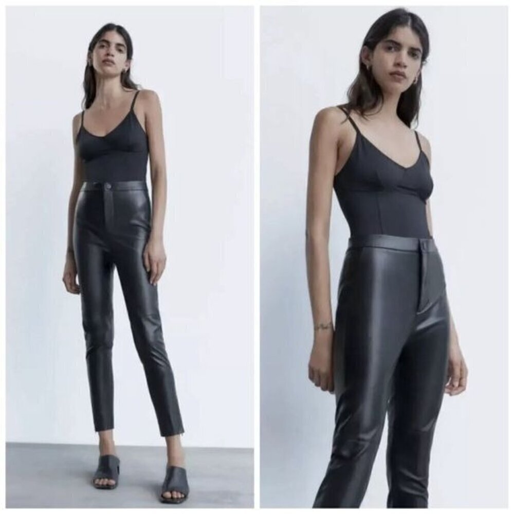 Zara Women’s Size Medium Black Faux Leather Side Zip Ankle Pants Moto Festival